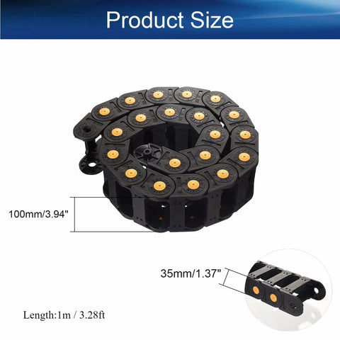R100 Open Cable Drag Chain Carrier For CNC Machines And Electrical Gear, 1 Meter Long, 35x100mm, shown coiled with dimensions.