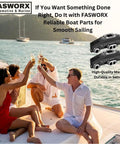 Group enjoying boat ride with Fasworx logo, Coated Cast Iron Exhaust Manifolds Set Of 2 For Penta OMC V8 5.0L And 5.7L Boats in view