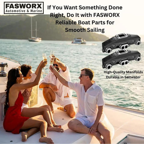 Group enjoying boat ride with Fasworx logo, Coated Cast Iron Exhaust Manifolds Set Of 2 For Penta OMC V8 5.0L And 5.7L Boats in view