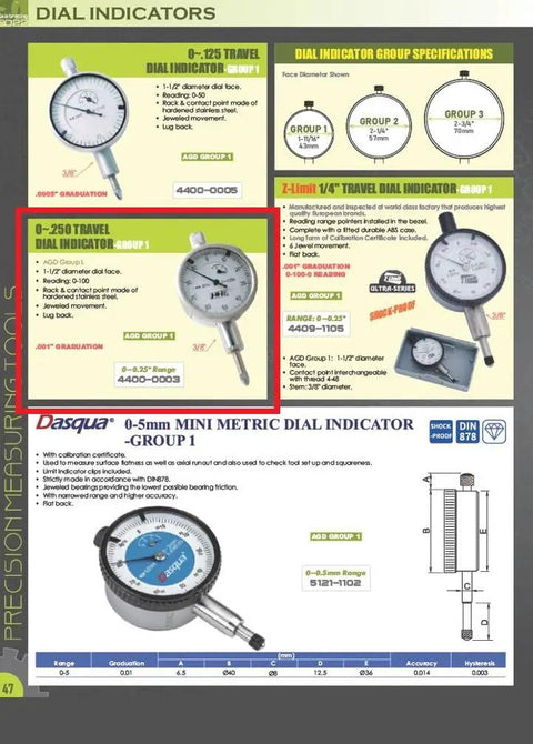 AGD Group 1 Dial Indicator 0 To.250 Inch, Three Eighths Inch Stem, Satin Chrome Finish, Jeweled Movement, Hardened Stainless Steel Rack And Contact Point, One And A Half Inch Dial Face, Lug Back, Reading 0 To 100,.001 Inch Graduation