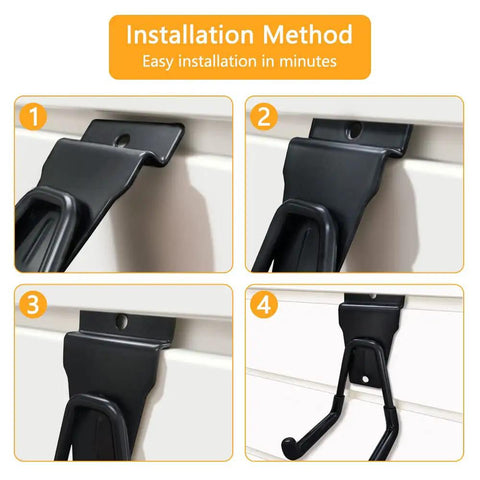 Installation steps for Heavy Duty Slatwall Hooks 14 Pack Black For Garage Organization And Tool Storage, wall mount hangers.