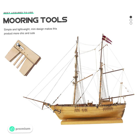 Wooden Mooring Tool For DIY Sailing Model Kits next to assembled wooden ship model, showcasing display use. Size: 7x5.5x0.7 cm.