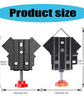Pro Grade One Piece Portable Sturdy 90 Degree Corner Clamp dimensions with red adjustment knob and black metal body