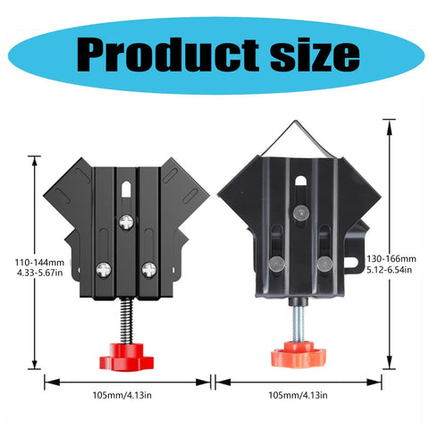 Pro Grade One Piece Portable Sturdy 90 Degree Corner Clamp dimensions with red adjustment knob and black metal body