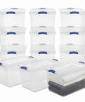 Hella Tough 66 Quart Clear Plastic Storage Bins With Secure Twist Latches And Smart Stack Design with folded blankets.