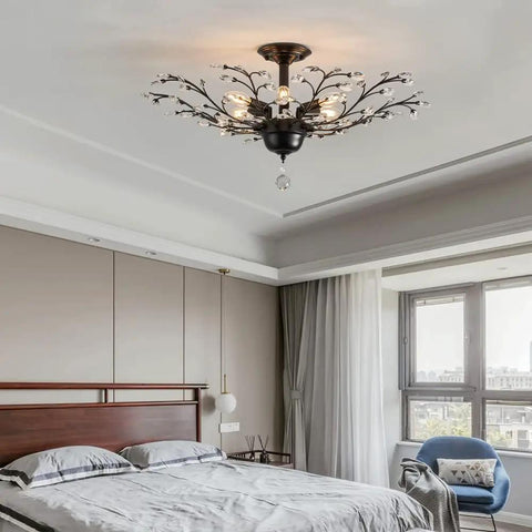 Vintage Six Light Branch Flush Mount Ceiling Light In Black With Crystal Bling Accents For Living Room Bedroom Dining Room Farmhouse Style Chandelier Fixture For Kitchen Office And Restaurants, installed in a modern bedroom.
