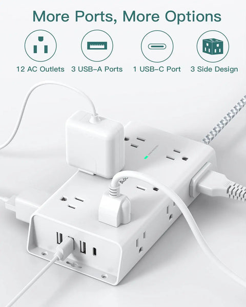 Surge Protector Power Strip With 12 Wide Outlets And 4 USB Ports Including USB C 5 Foot Extension Cord Flat Plug Wall Mountable