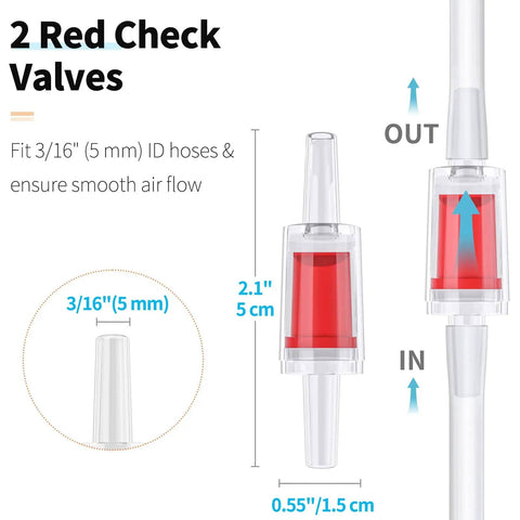 Close-up of two red check valves for 3/16 inch tubes from All In One 13 Ft Airline Tubing Aquarium Air Pump Kit With Air Stones Check Valves Suction Cups And Connectors For No Fuss Aeration Setup Suitable For Freshwater And Saltwater Tanks