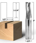 Upcut Router Bit Spiral Three Flute Solid Carbide CNC End Mill Half Inch Diameter Half Inch Shank Model 35361 SC with wood block.