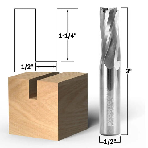 Upcut Router Bit Spiral Three Flute Solid Carbide CNC End Mill Half Inch Diameter Half Inch Shank Model 35361 SC with wood block.