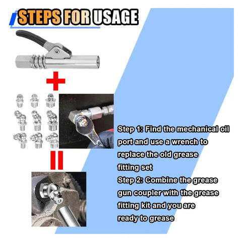 Steps for using 60 Piece Metric Grease Fittings Kit With M6 M8 M10 And One Quarter Inch One Eighth Inch Straight And Angled Zerk Adapters