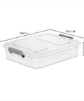 Four Pack Clear Plastic Storage Bins With Write On Latching Lids Modular Stackable Organizer Boxes For Closet Bedroom Garage Office side view with dimensions.