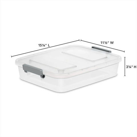Four Pack Clear Plastic Storage Bins With Write On Latching Lids Modular Stackable Organizer Boxes For Closet Bedroom Garage Office side view with dimensions.