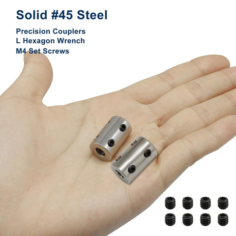Hand holding 2 Pack 6mm To 6mm Bore Steel Rigid Shaft Coupling For Heavy Duty Precision Alignment with M4 Set Screws visible