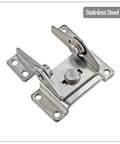 Stainless steel dual-axis hinge with damping; front view of mounting plate with four screw holes.