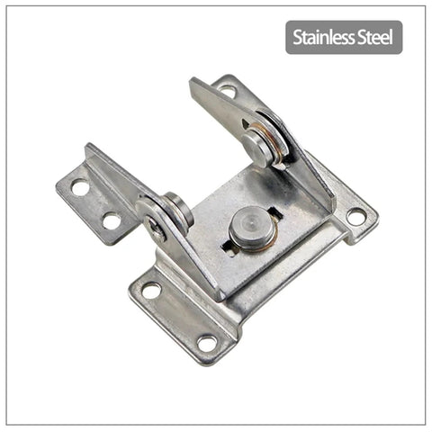 Stainless steel dual-axis hinge with damping; front view of mounting plate with four screw holes.