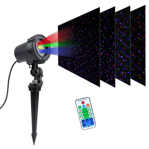 Outdoor Laser Christmas Lights Projector With RGB Moving Firefly Effects displaying red, green, and blue lights with remote control