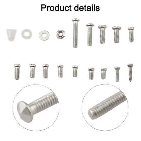 Grab And Go All In One Eyeglasses Repair Kit With 13 Screw Sizes, close-up view of assorted screws and components.