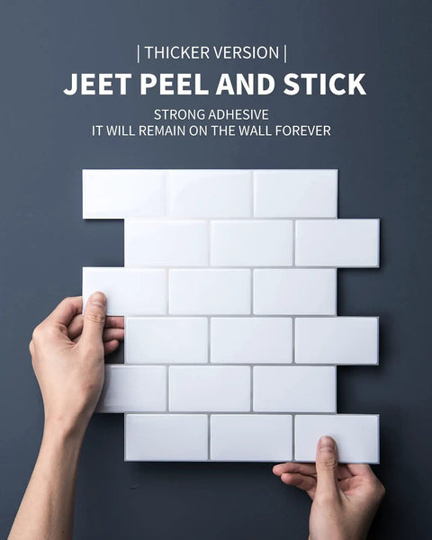 Hands holding Thicker Version Peel And Stick Subway Tile Backsplash No Brainer DIY 12x12 Inch for Kitchen Easy 10 Tiles Durable 2mm