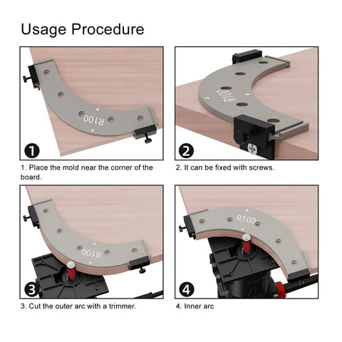 Drop Dead Knockout 5 Piece Round Corner Radius Template Set With R100 To R300 Specs usage instructions for cabinet profiling.