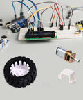 2 Sets Mini DC Gear Motor Kit with rubber tire for DIY projects and educational experiments, shown with electronics setup