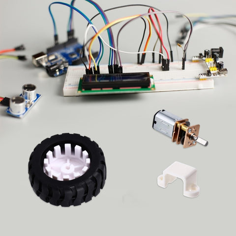 2 Sets Mini DC Gear Motor Kit with rubber tire for DIY projects and educational experiments, shown with electronics setup