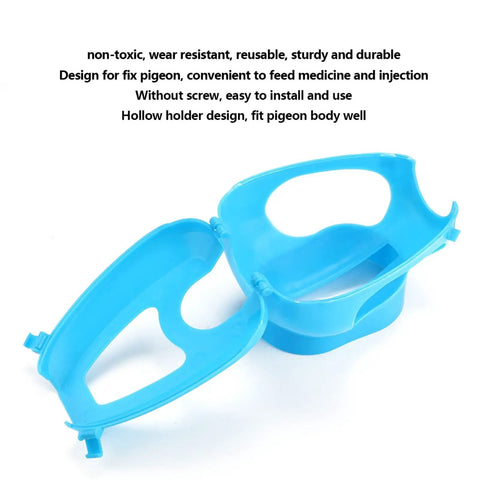 Blue durable plastic pigeon holder for feeding and meds, fixed mount bird fixer rack, injection syringe holder for chicks.