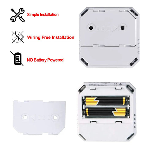 Back view showing battery slot and installation guide for Battery Powered Carbon Monoxide Detector With LCD Display And Loud Alarm CO Monitor.