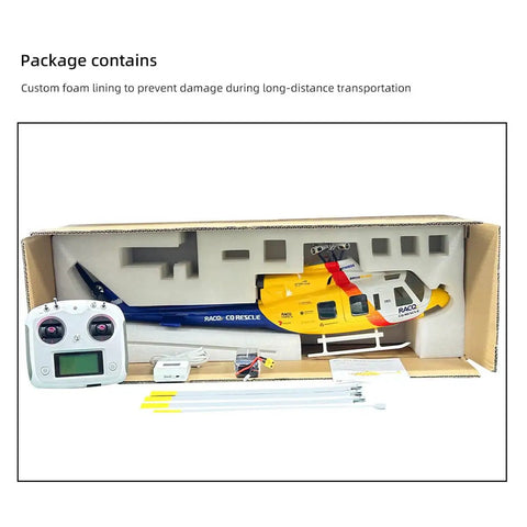 470 Class RC Military Helicopter With GPS Positioning And Auto Return, 2.4G 6CH, 3D Flight package box with contents displayed