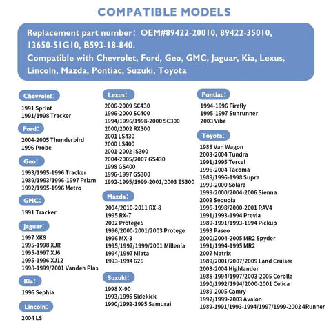 Engine coolant temperature sensor compatibility chart front view showing OEM numbers 89422-20010/35010