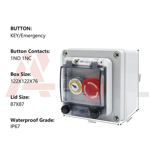 IP67 Waterproof Outdoor Emergency Stop Switch Box With Protective Cover And Key Button dimensions and features