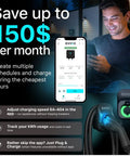 Man using app with Level 2 EV Charger 40 Amp 240V J1772 For Non Tesla EVs, showing charging schedule and cost savings.