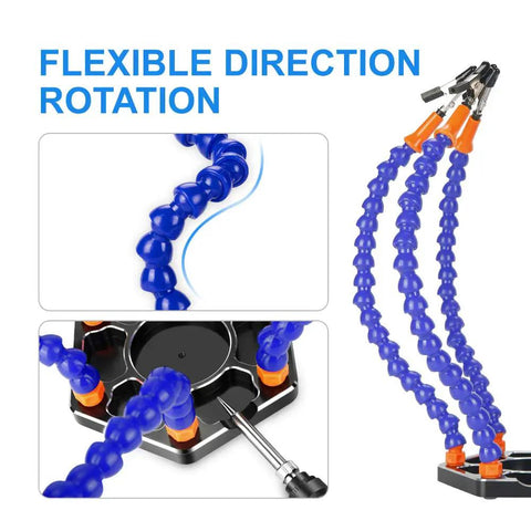 Six Arm Soldering Helping Hand Vise with LED Light and Magnifier, flexible gooseneck arms, aluminum base shown rotating.