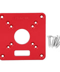 Kickass Router Table Insert Plate Slick Hard Anodized Aluminum 6061 Mount, red, with screws for Makita routers and trimmers.