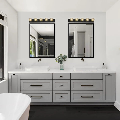 Modern bathroom with Matte Black Five Light Vanity Fixture Dimmable Bathroom Vanity Light For Makeup Area