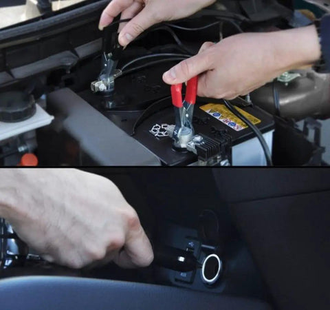 Hands connecting a Heavy Duty Five Watt Solar Battery Trickle Charger With Overcharge Guard to car battery terminals.
