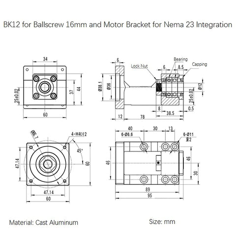 Technical drawing of BK12 ballscrew and motor bracket for Nema 23, SFU1605 Linear Motion CNC Ball Screw Kit With Anti Backlash Nut 750mm