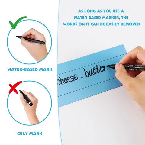 12 Piece Magnetic Sentence Strips For Teachers, 3 By 12 Inch Ruled Word Magnets, Dry Erase Writing Tool demonstration with marker