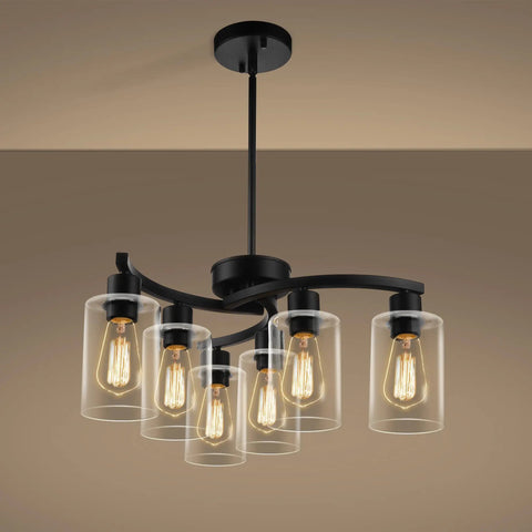 6 Light Modern Farmhouse Black Chandelier For Dining Room With Adjustable Height Industrial Pendant Lights And Clear Glass Shades