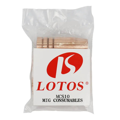 Top Notch Lotos MIG Torch Consumables Kit With 10 Essential Nozzles And Contact Tips For MIG140 And MIG175 Welders, packaged copper tips.