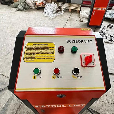 Control panel of Mid Rise Electric Scissor Lift 110V Featuring Rapid Drop And Dead Simple Controls for easy lifting.
