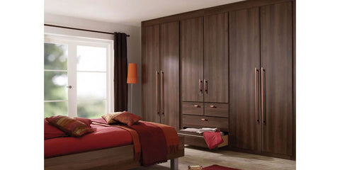 Bedroom wardrobe with Six Pack 3 Inch Hole Center Antique Copper Zinc Alloy Cabinet Pulls installed, modern and elegant design.