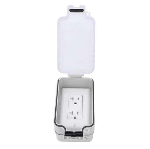 Real Deal Weatherproof Electrical Box Paired With A Beefy 20A Duplex Outlet NEMA 5 20R Surface Mount UL Listed Hang Tough Kit open view