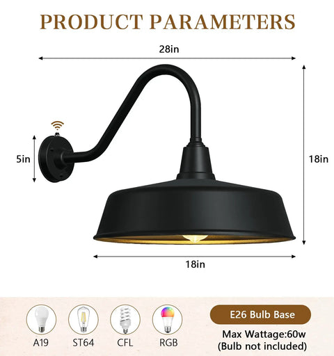 Gooseneck Outdoor Barn Light Fixture For Porch Patio Garage Front Door With E26 Bulb Compatibility Classic Farmhouse Vibe shown in dimensions and bulb types