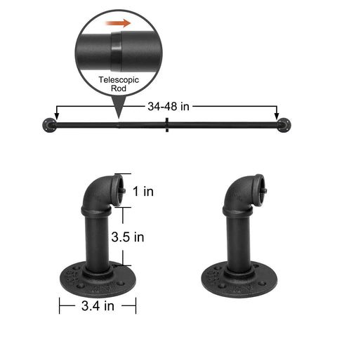 Industrial Blackout Curtain Rod For 34-48 Inch Windows, 1 Inch Diameter, Black, Telescopic with Mounting Brackets