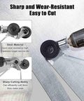 Heavy Duty Electric Drill Shear Conversion Kit That Clamps Straight In To Rip Steel Aluminum Copper And Drywall Like Butter Fast Twist Lock Chuck Mount Keeps Garage Projects Running Smooth close-up of cutting wheel on metal sheet.