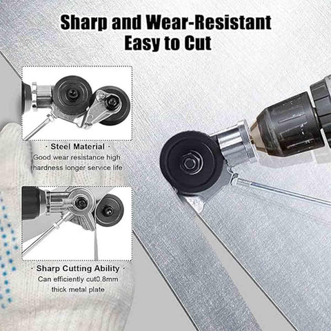 Heavy Duty Electric Drill Shear Conversion Kit That Clamps Straight In To Rip Steel Aluminum Copper And Drywall Like Butter Fast Twist Lock Chuck Mount Keeps Garage Projects Running Smooth close-up of cutting wheel on metal sheet.