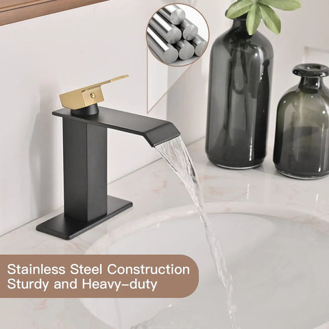 Matte Black Bathroom Faucet With Modern Waterfall Design, Single Hole Sink Faucet, Pop Up Drain, Overflow, Easy Install