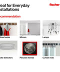 Image showcasing recommended uses like clothes hooks, mirrors, lamps, smoke detectors, picture frames, curtain rods for Self Drilling Drywall Anchors For Plasterboard And Gypsum Board One And Three Quarter Inch Fits Screws Four To Eight 50 Count With Anti Rotation Lock For Fast Easy Install And Secure Mounts.