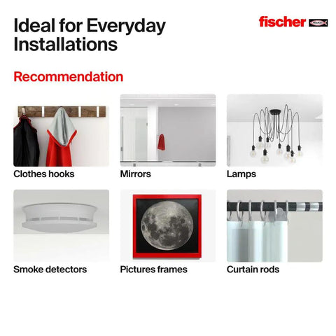 Image showcasing recommended uses like clothes hooks, mirrors, lamps, smoke detectors, picture frames, curtain rods for Self Drilling Drywall Anchors For Plasterboard And Gypsum Board One And Three Quarter Inch Fits Screws Four To Eight 50 Count With Anti Rotation Lock For Fast Easy Install And Secure Mounts.
